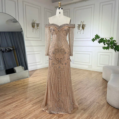 Nude Elegant Beaded Mermaid Evening Dress with Overskirt LA72397 - SERENE HILL