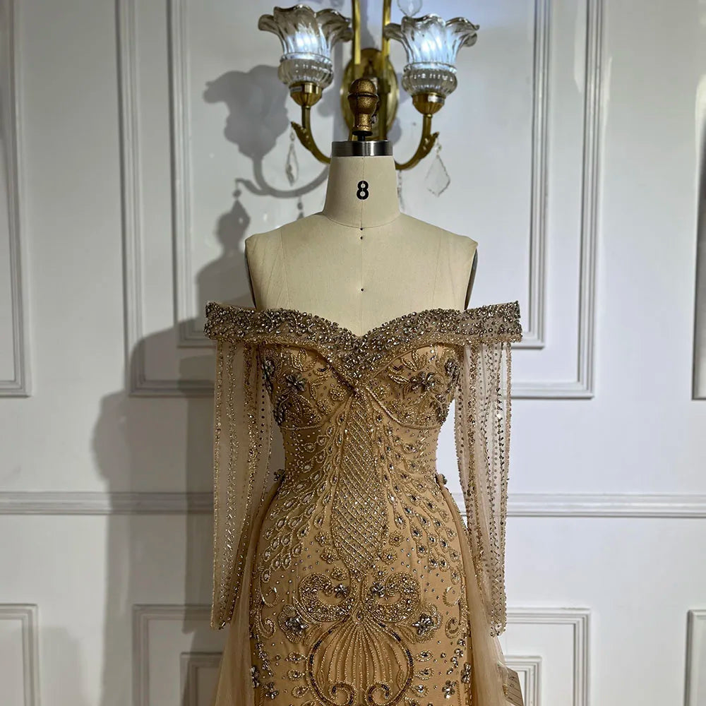 Nude Elegant Beaded Mermaid Evening Dress with Overskirt LA72397 - SERENE HILL