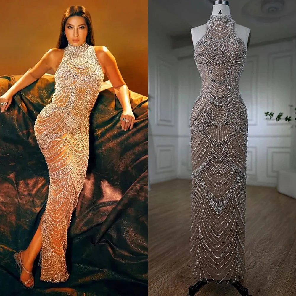 Serene Hill silver nude Halter Sleeveless Pearls Beaded Mermaid Evening Gowns 2025 Elegant Party Dresses for Women LA72091 - SERENE HILL