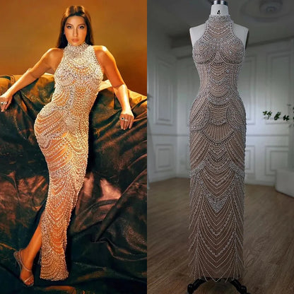 Serene Hill silver nude Halter Sleeveless Pearls Beaded Mermaid Evening Gowns 2025 Elegant Party Dresses for Women LA72091 - SERENE HILL