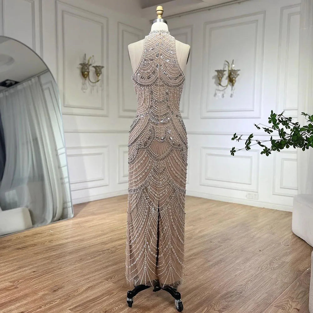Serene Hill silver nude Halter Sleeveless Pearls Beaded Mermaid Evening Gowns 2025 Elegant Party Dresses for Women LA72091 - SERENE HILL