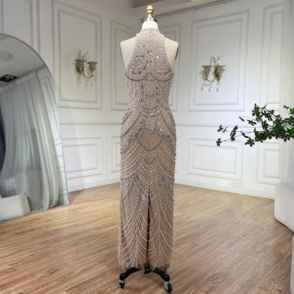 Serene Hill silver nude Halter Sleeveless Pearls Beaded Mermaid Evening Gowns 2025 Elegant Party Dresses for Women LA72091 - SERENE HILL