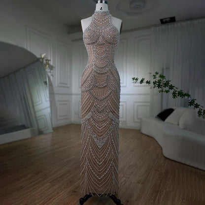 Serene Hill silver nude Halter Sleeveless Pearls Beaded Mermaid Evening Gowns 2025 Elegant Party Dresses for Women LA72091 - SERENE HILL