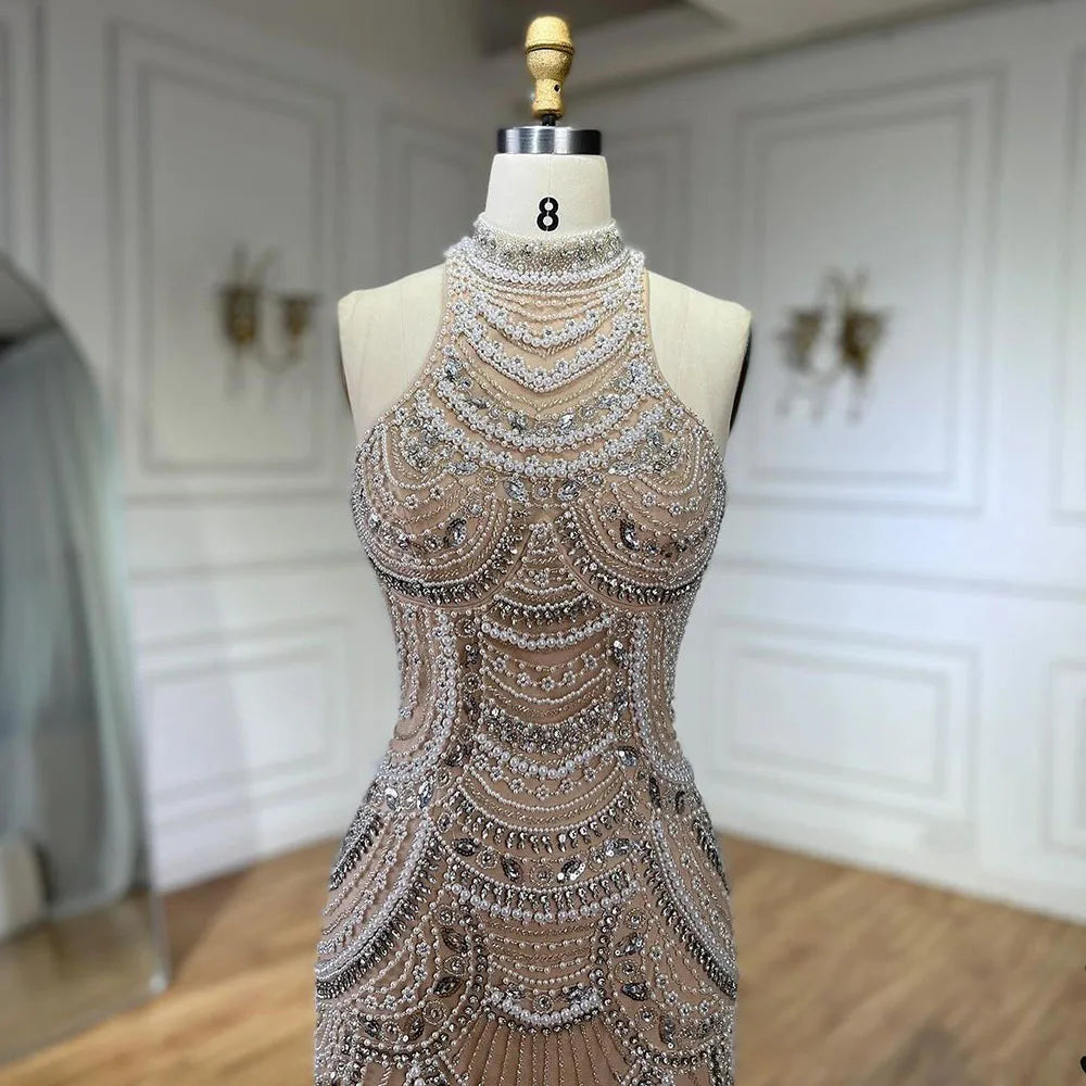 Serene Hill silver nude Halter Sleeveless Pearls Beaded Mermaid Evening Gowns 2025 Elegant Party Dresses for Women LA72091 - SERENE HILL