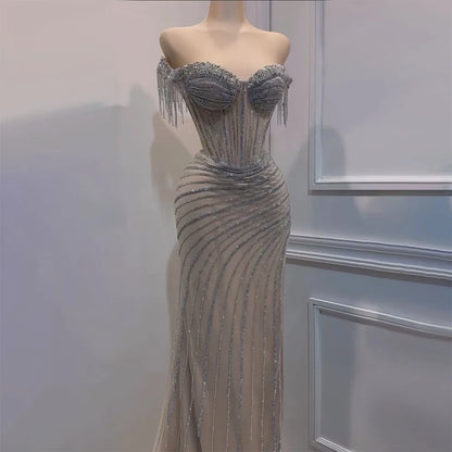 Silver Nude Beaded Tassel Boat Neck Mermaid Evening Dress with Split LA72391 - SERENE HILL