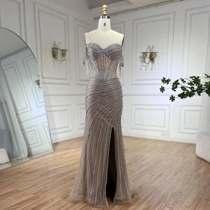 Silver Nude Beaded Tassel Boat Neck Mermaid Evening Dress with Split LA72391 - SERENE HILL