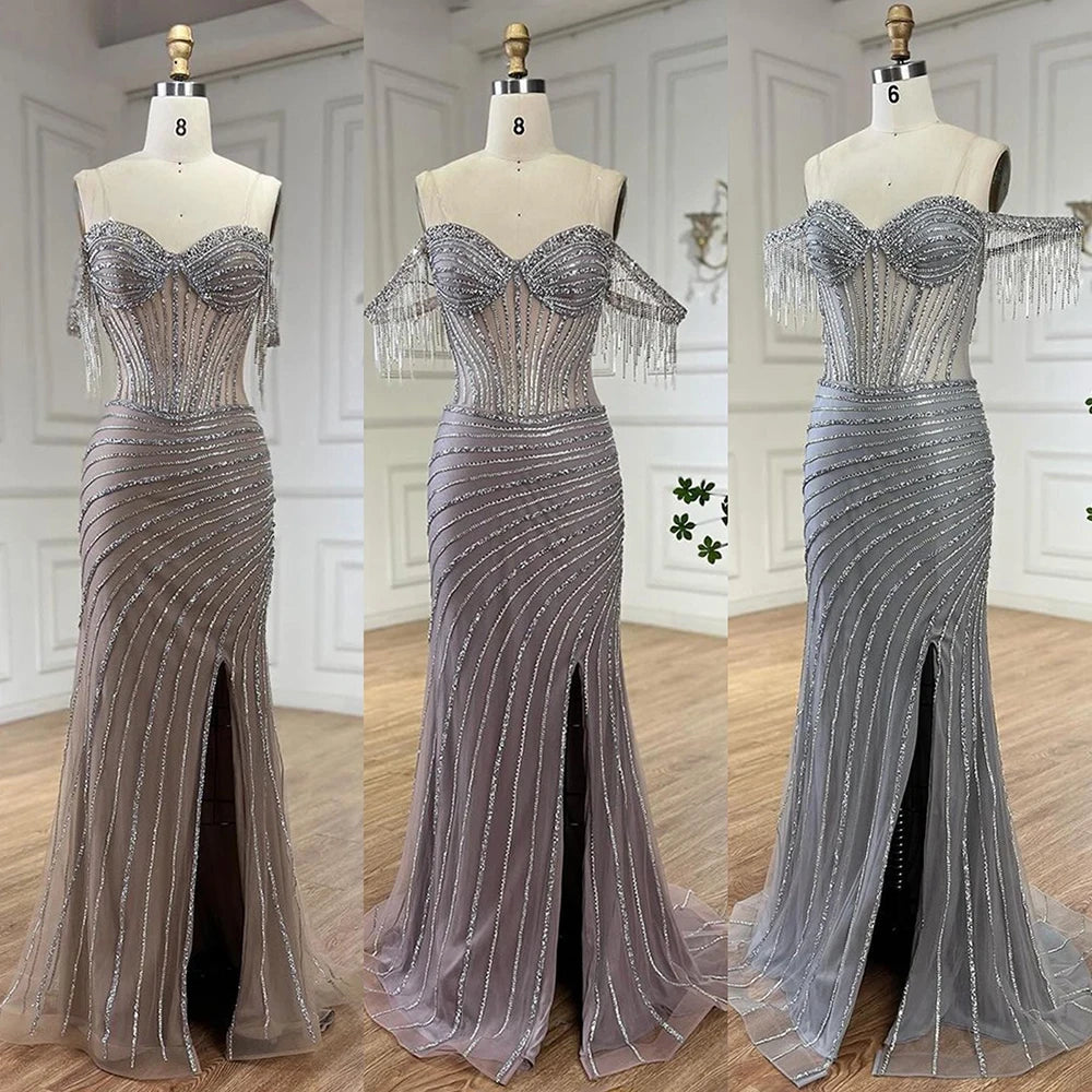 Silver Nude Beaded Tassel Boat Neck Mermaid Evening Dress with Split LA72391 - SERENE HILL