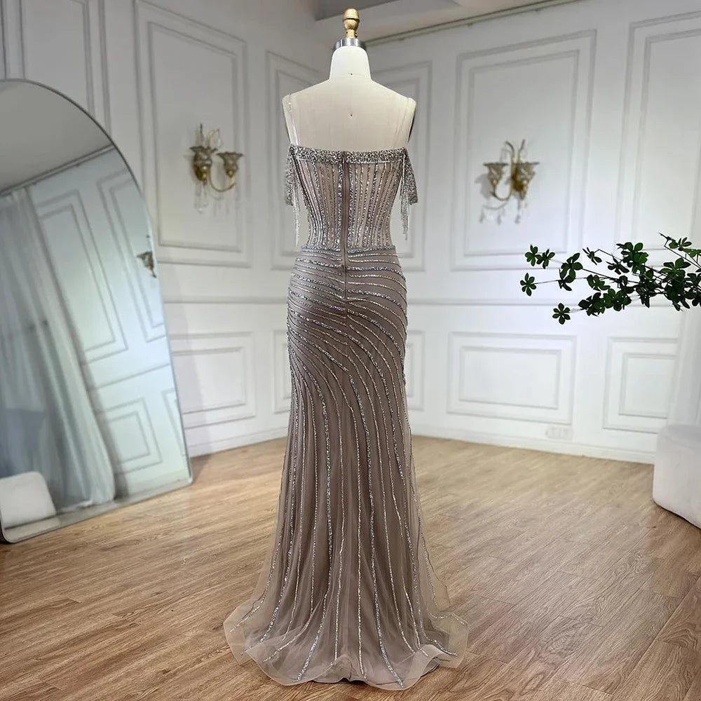 Silver Nude Beaded Tassel Boat Neck Mermaid Evening Dress with Split LA72391 - SERENE HILL