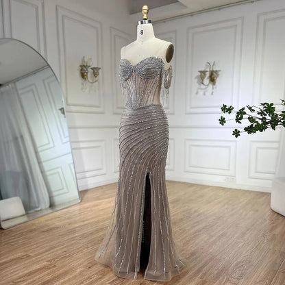 Silver Nude Beaded Tassel Boat Neck Mermaid Evening Dress with Split LA72391 - SERENE HILL