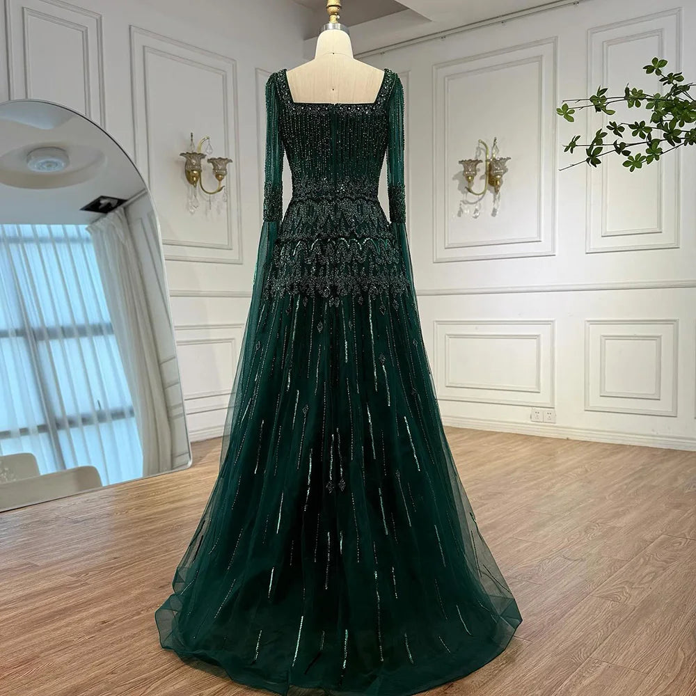 Luxury Green A-LineBeaded Evening Dress with Cape Sleeves LA73089 - SERENE HILL