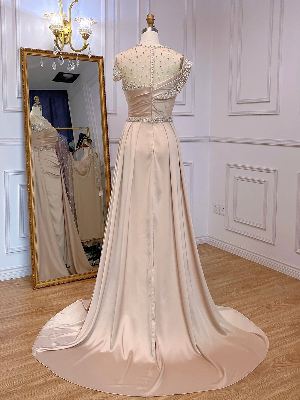 Serene Hill Arabic Nude Mermaid Elegant Satin With Overskirt Evening Dresses Gowns Luxury Beaded 2025 For Women Party LA71725 - SERENE HILL