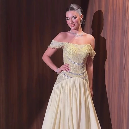 Luxury Evening Dress Yellow Off Shoulder Beaded A-Line Gown LA73350 - SERENE HILL