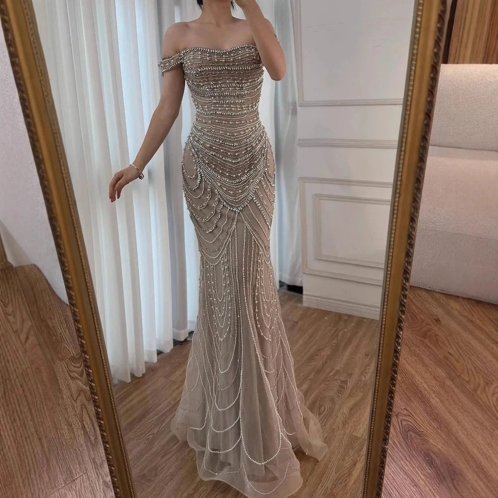 Luxury Arabic Caramel Beaded Mermaid Evening Dress with Pearls SERENE HILL LA72253C - SERENE HILL