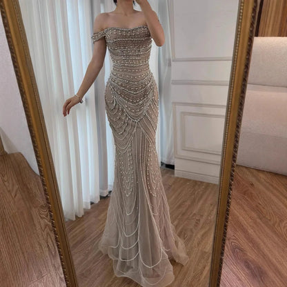 Luxury Arabic Caramel Beaded Mermaid Evening Dress with Pearls SERENE HILL LA72253C - SERENE HILL