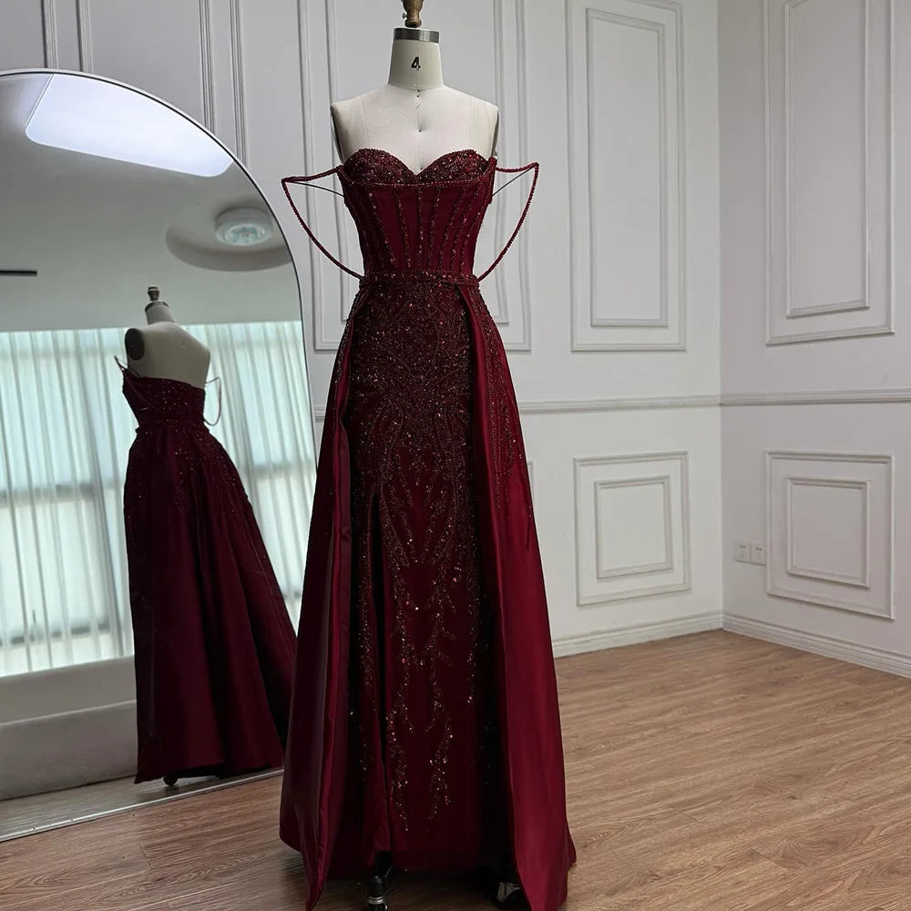 Luxury Red Beaded High Slit Evening Gown with Overskirt LA72936 - SERENE HILL