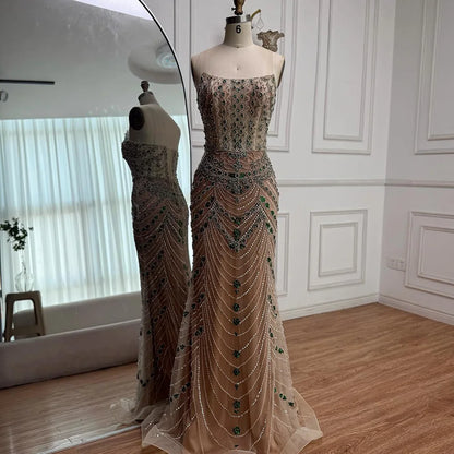 Luxury Green Beaded Saudi Arabic Evening Gown for Formal Occasion LA72842 - SERENE HILL