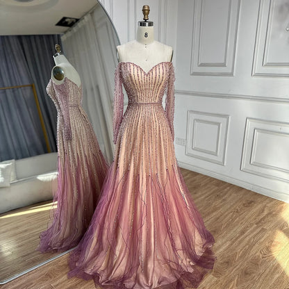 Luxury Dubai Arabic Purple Elegant A-Line Beaded Long Evening Dresses Gowns for Formal Occasion LA72752 - SERENE HILL