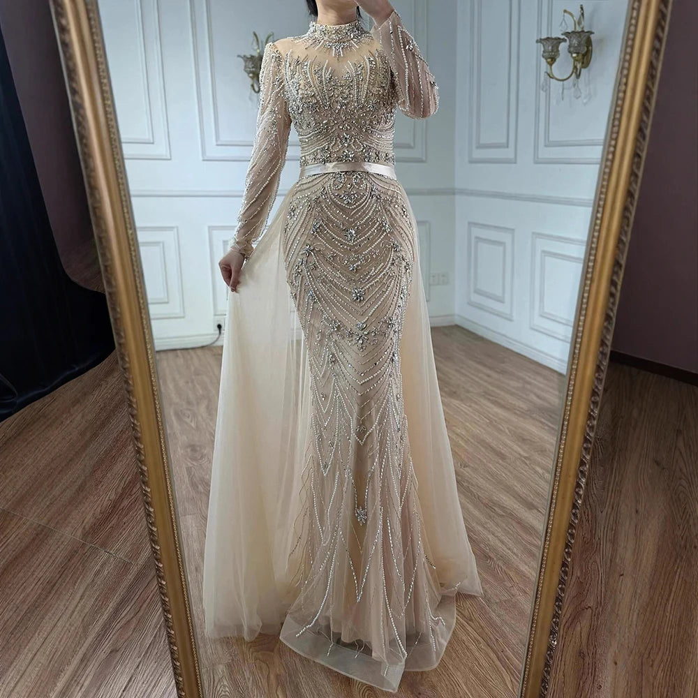 Luxury Pink Beaded Mermaid Evening Dress Long Sleeve LA73158 - SERENE HILL