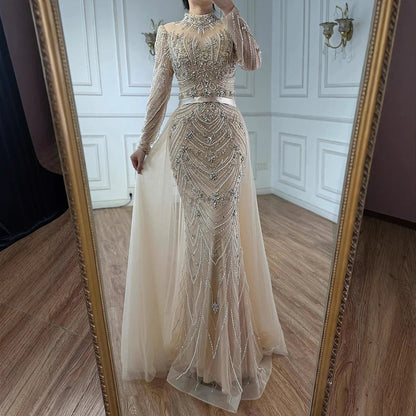 Luxury Pink Beaded Mermaid Evening Dress Long Sleeve LA73158 - SERENE HILL