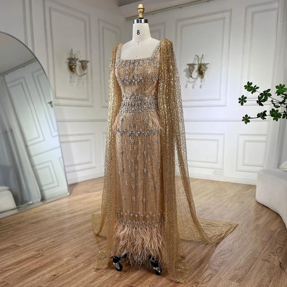 Bling Gray Mermaid Feather Arabic Midi Evening Dress with Cape LA72334 - SERENE HILL