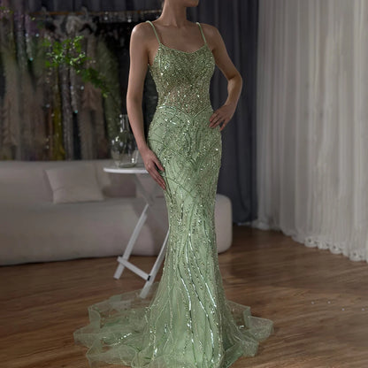 Luxury Dubai Saudi Caramel Beaded Spaghetti Strap Arabic Mermaid Evening Dress Gown for Formal Occasion LA72733 - SERENE HILL