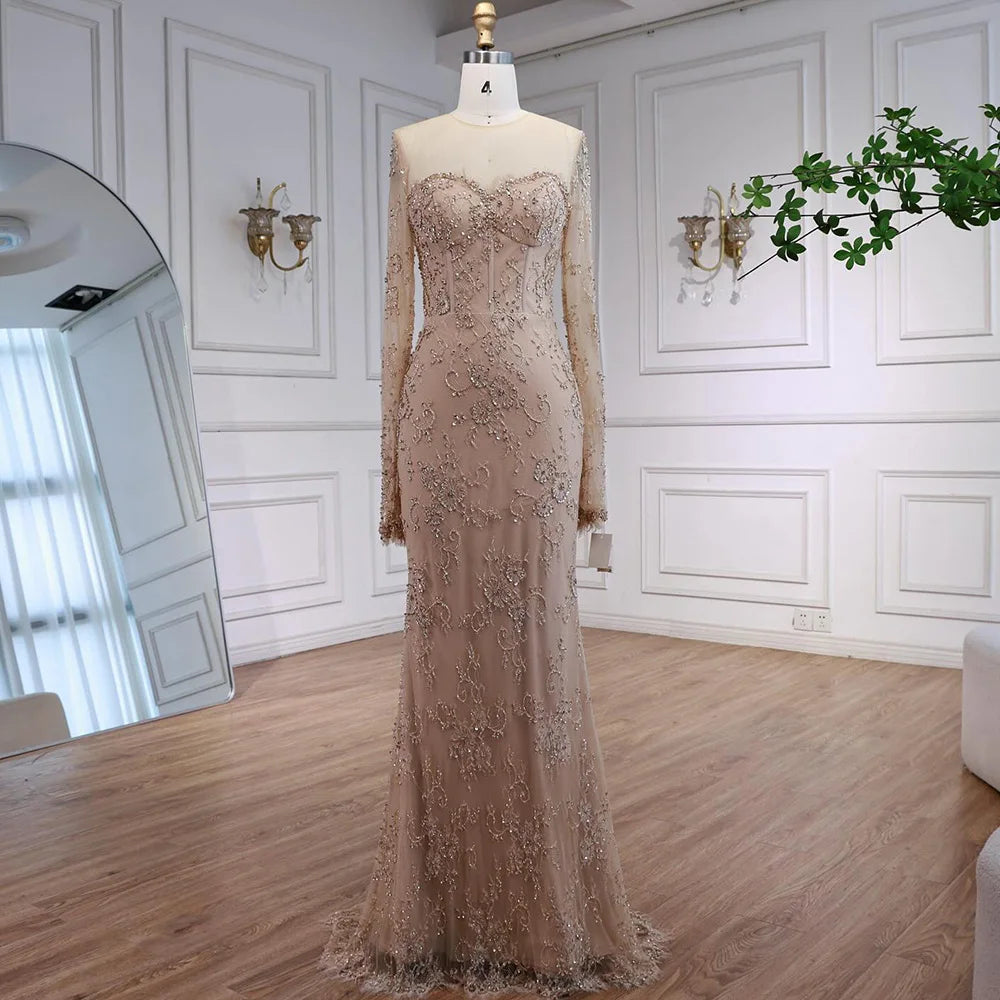 Luxury Arabic Lace Beaded Mermaid Evening Dress with Sleeves LA72545 champagne / 16