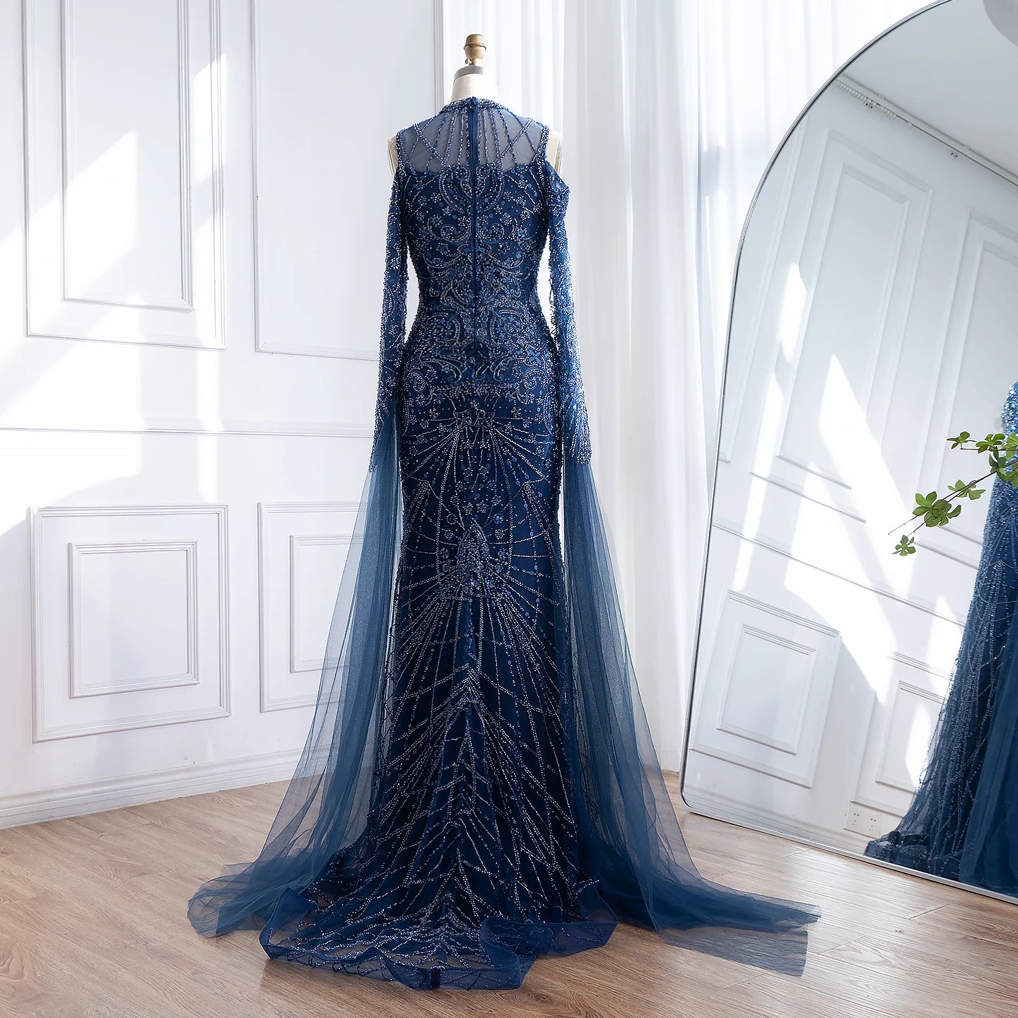 Luxury Dubai Navy Blue Beaded Lace Evening Dress with Cape Sleeves LA73323 - SERENE HILL