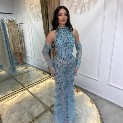 Luxury Dubai Arabic Blue Beaded Evening Dress with Gloves LA72760A - SERENE HILL