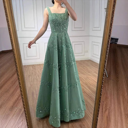 Elegant Sage Green Beaded A-Line Evening Dress LA73064 - SERENE HILL