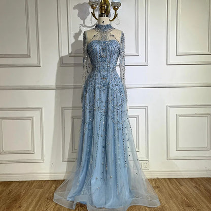 Luxury Dubai Designer Modest A-Line Blue Lace Beaded Evening Dresses LA72704 - SERENE HILL