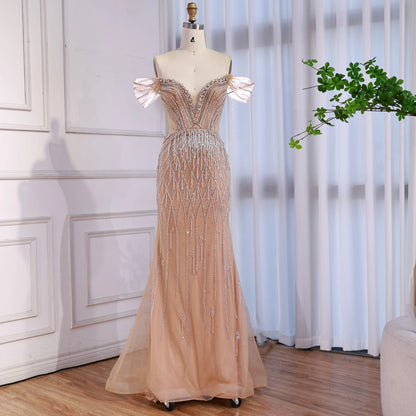 Luxury Nude Off Shoulder Beaded Tassel Evening Dress LA72854A - SERENE HILL