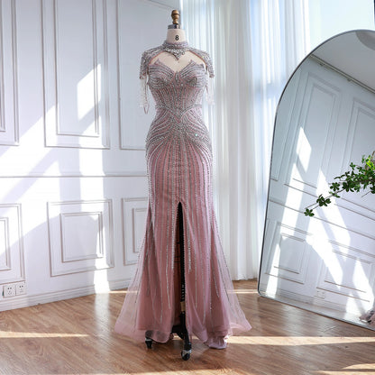 Nude Mermaid Evening Dress with Detachable High Neck Tassel LA72891A - SERENE HILL