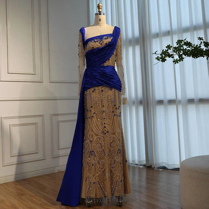 Luxury Royal Blue Velvet Beaded Mermaid Evening Dress LA72988 - SERENE HILL