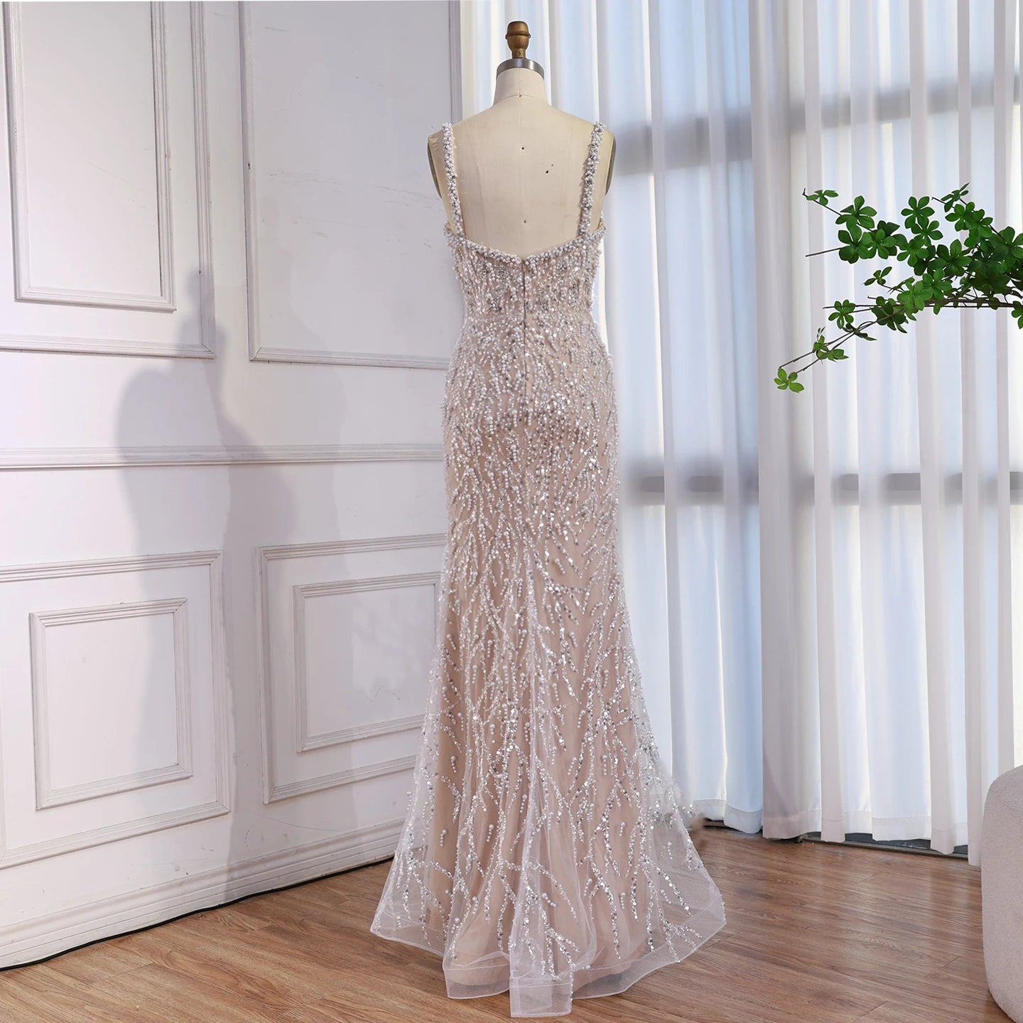 Luxury Lace Pearls Mermaid Evening Dress With Glove White Nude LA72345E - SERENE HILL
