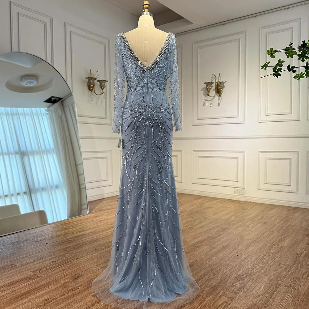 Luxury Muslin Blue hijab Evening Dress With Long Sleeves LA72963 - Blue / 12 Luxury Muslin Blue hijab Evening Dress With Long Sleeves LA72963 - Blue / 12