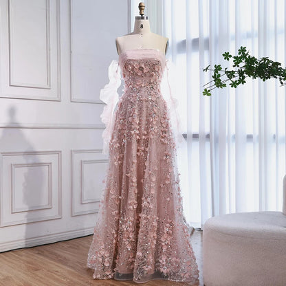 Elegant Pink 3D Flowers Evening Dress with Gloves LA72912 - SERENE HILL