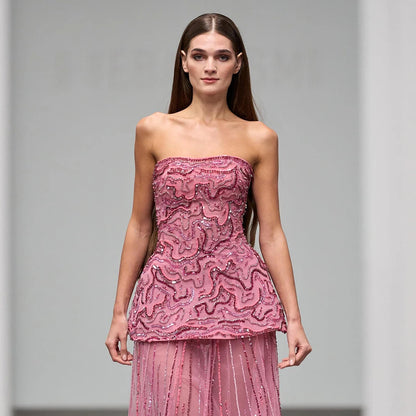 Luxury Pink Two Piece Crystal Sequin Evening Gown LA73207 - SERENE HILL