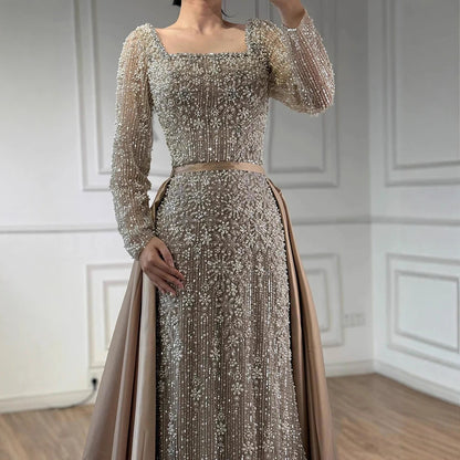 Luxury Dubai Arabic Muslim Caramel Mermaid Beaded Evening Gown with Overskirt LA72533A - SERENE HILL