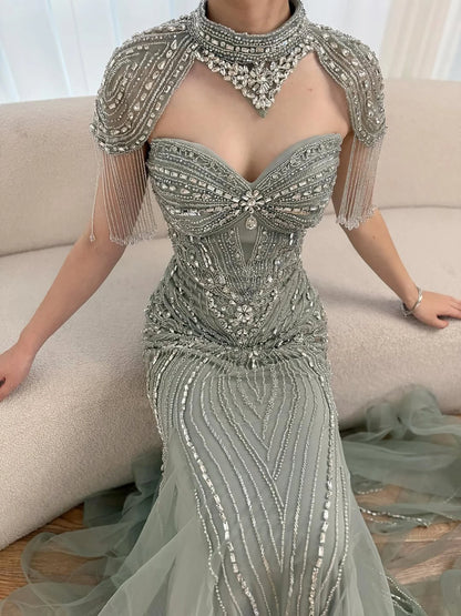 Luxury Nude Beaded High Neck Mermaid Evening Dress LA72897 - SERENE HILL