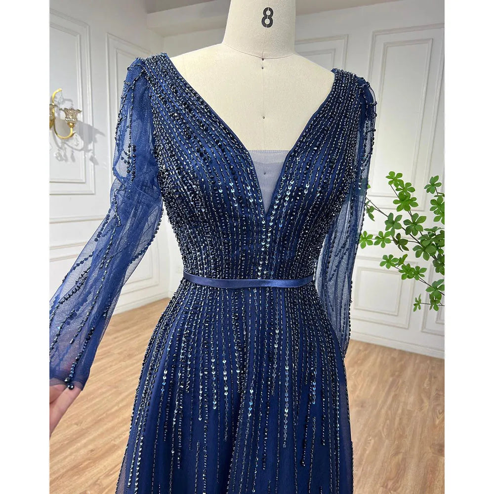 Muslim Navy Long Sleeves A-line Beaded Evening Dresses Forml Occasion Party Gowns For Women LA72019 - SERENE HILL