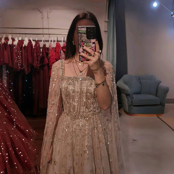 Luxury Designer Nude A-Line Crystal Beaded Arabic Evening Dress LA72764