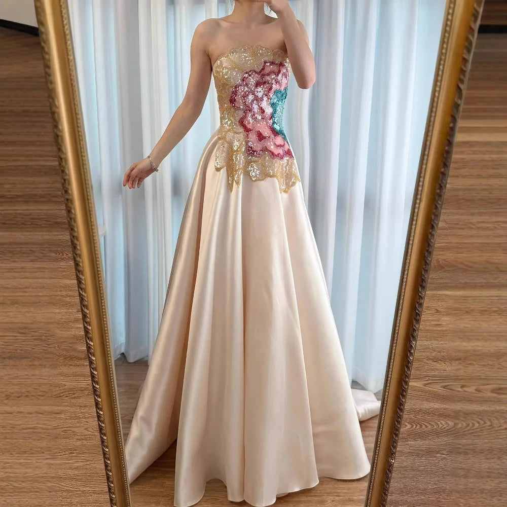 Luxury Chic Arabic Designer Beaded Satin A-Line Evening Dress LA72195B - SERENE HILL