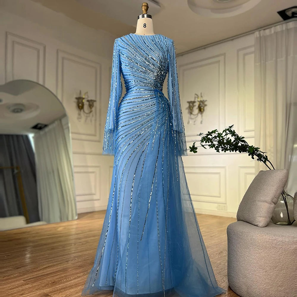 Luxury Dubai Arabic Elegant Blue Beaded Saudi Evening Dresses Gowns for Formal Occasion LA72822 - SERENE HILL