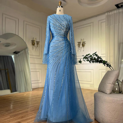 Luxury Dubai Arabic Elegant Blue Beaded Saudi Evening Dresses Gowns for Formal Occasion LA72822 - SERENE HILL