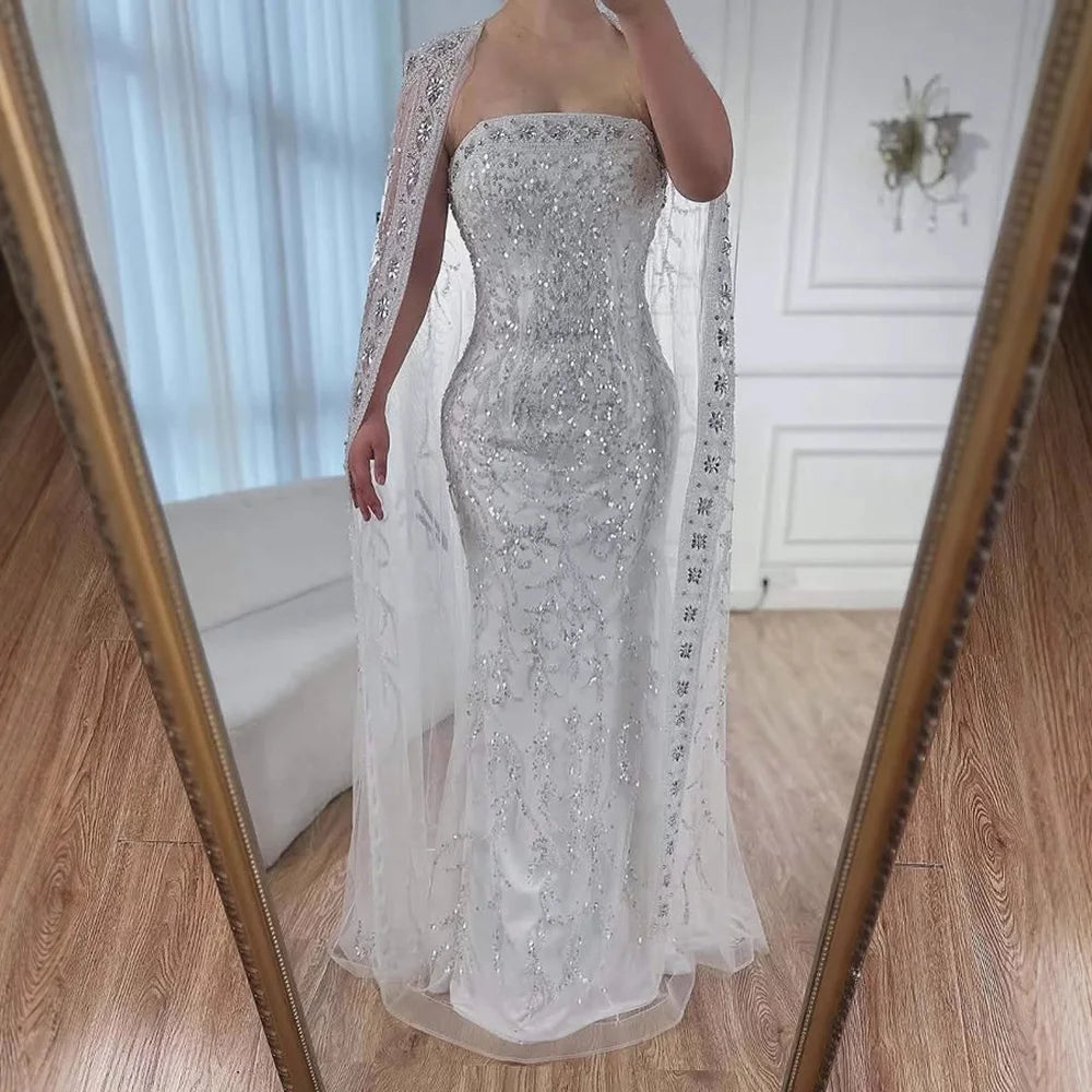 Luxury White Dubai Arabia Beading Evening Dress With Cape LA72870 - SERENE HILL