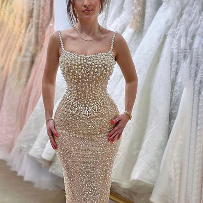 Serene Hill Nude Mermaid Evening Gown - Elegant, Luxurious, Pearls Beaded. Perfect for Women&