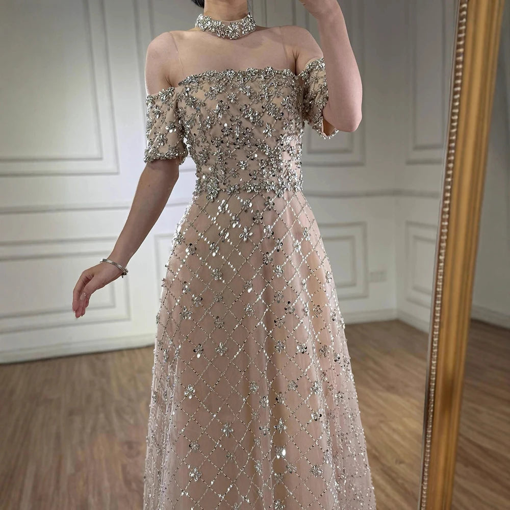 Luxury Nude Sliver Off Shoulder Beaded Crystal A-Line Evening Dress LA73122 - SERENE HILL