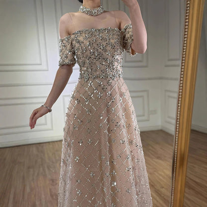Luxury Nude Sliver Off Shoulder Beaded Crystal A-Line Evening Dress LA73122 - SERENE HILL