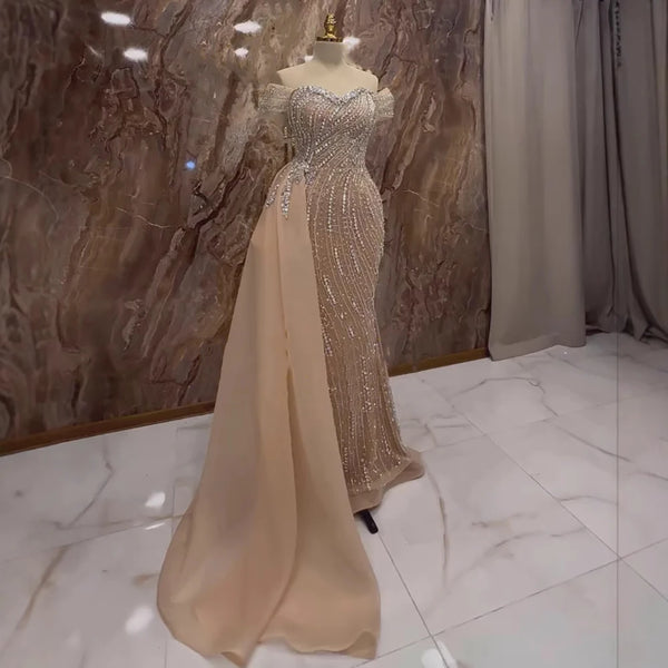 Luxury Nude Beaded Mermaid Evening Dress with Overskirt LA72911