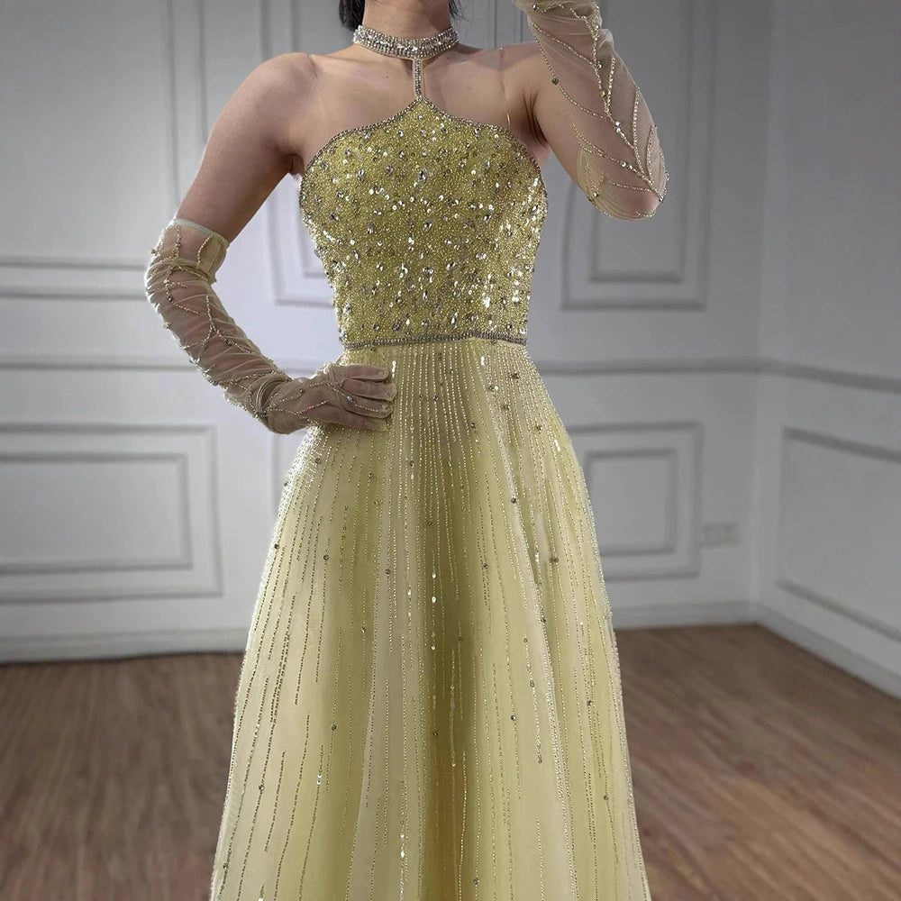 Sparkly Luxury Beaded Yellow Halter Evening Dress Gloves Saudi LA72948 - SERENE HILL